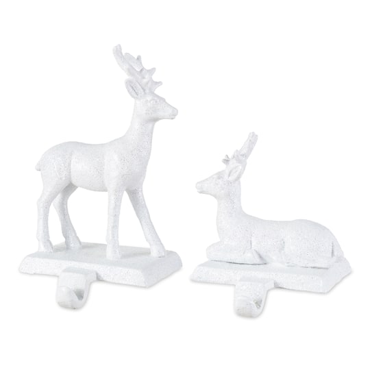 Glitzhome® Set of 2 White Glitter Resin Standing & Sitting Reindeer Stocking Holders | 4.75" x 4.25" x 7.28" | Michaels®